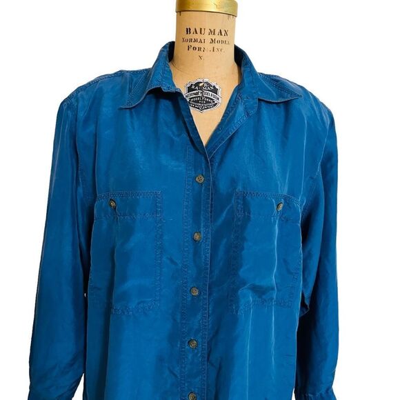 Vintage David Hollis Oversized Blue Silk button down Shirt - Picture 1 of 12